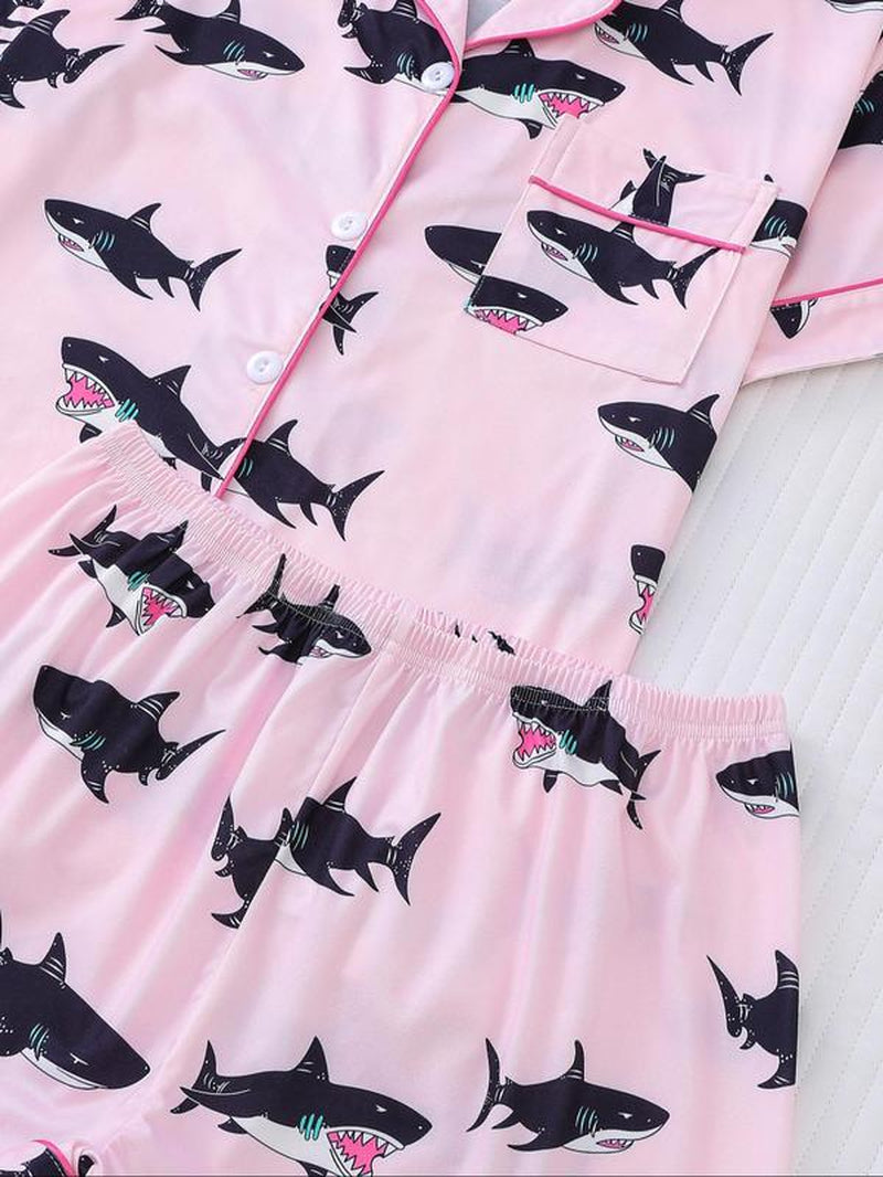 Women'S Cartoon Turtle & Lobster Print Crop Top & Elastic Waist Shorts Pajama, Casual Comfy Short Sleeve Top & Shorts PJ Set, Ladies Summer Sleepwear