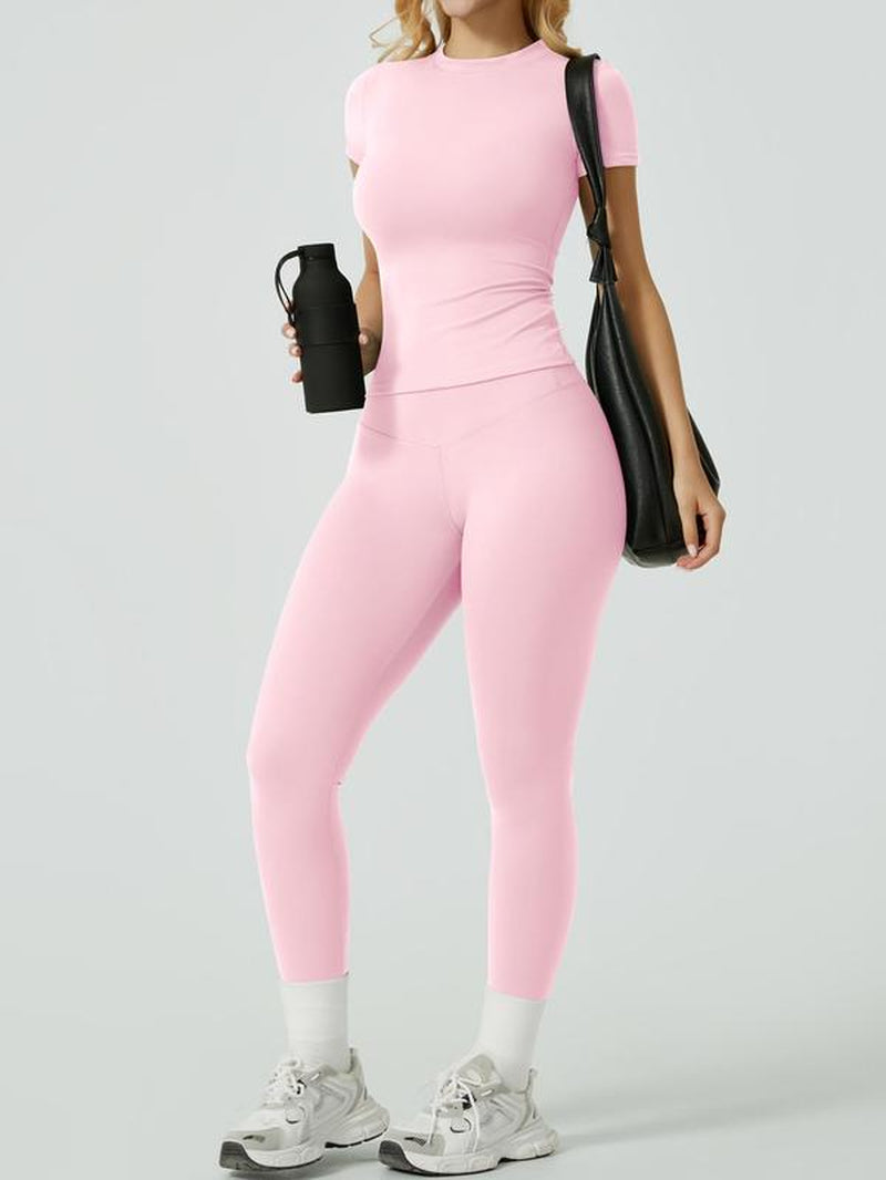 Two-Piece Set Women'S Solid Ribbed Long Sleeve Tee & Leggings Sport Set, Casual Breathable Quick Drying T-Shirt & Skinny Pants Set for Yoga Gym Workout Running, Ladies Sportswear for All Seasons