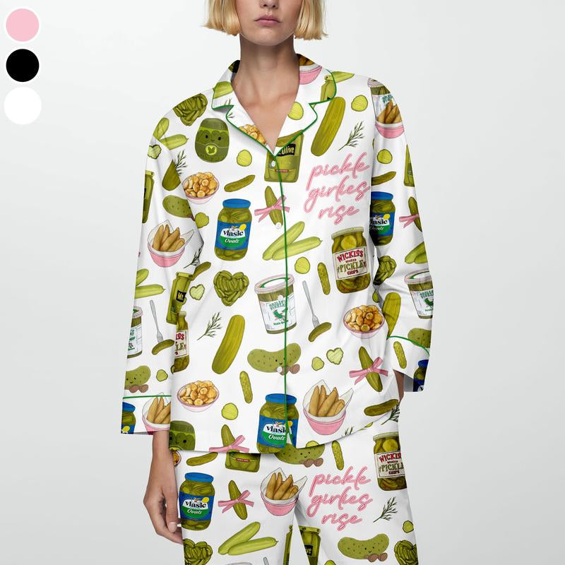 Pickles Print Satin Pajamas Set Printed Comfortable Satin Pajamas & Loungewear Pjs Short Sleeve Top & Shorts with Pockets, Gift for Pickles Lover, Gift for Mom