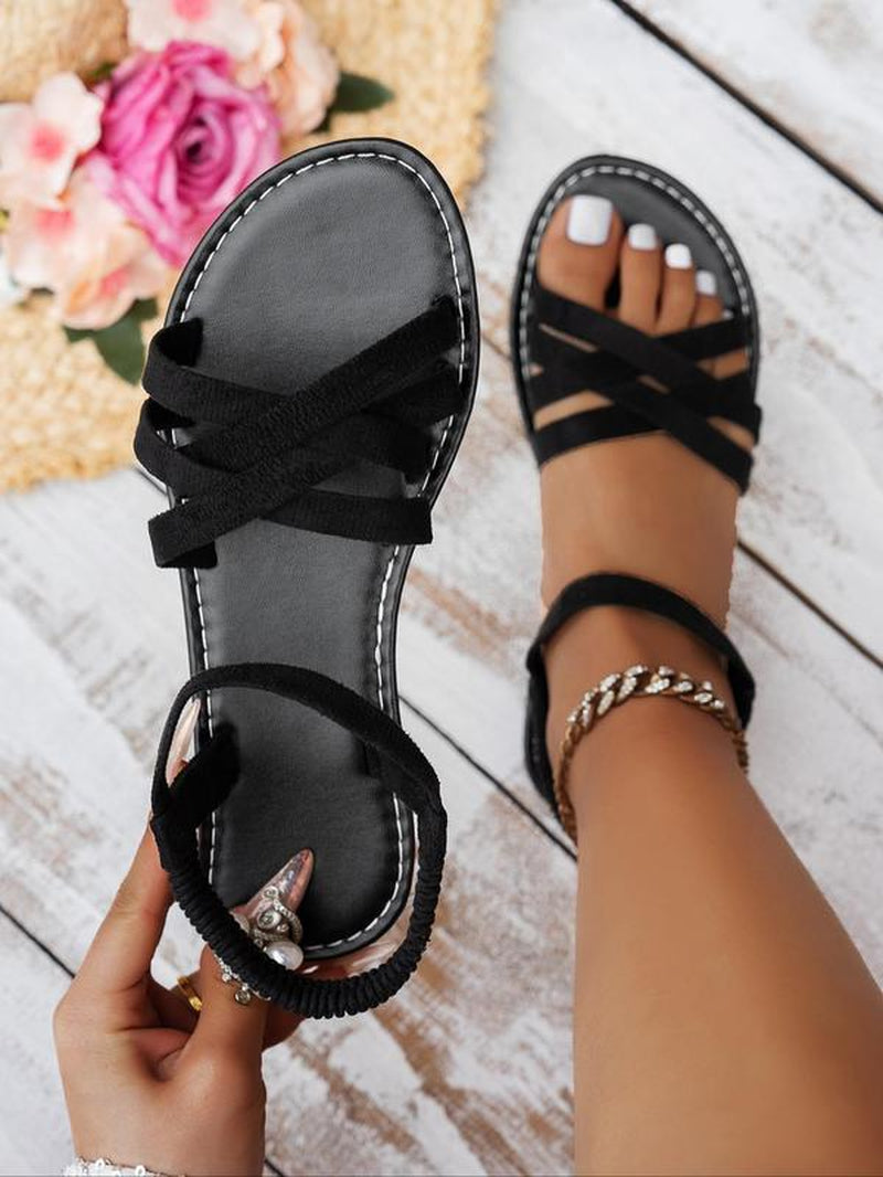 Women'S Fashionable Criss Cross Strap Design Sandals, Casual Open Toe Flat Sandals for Beach, Non-Slip Sandals for Daily Wear