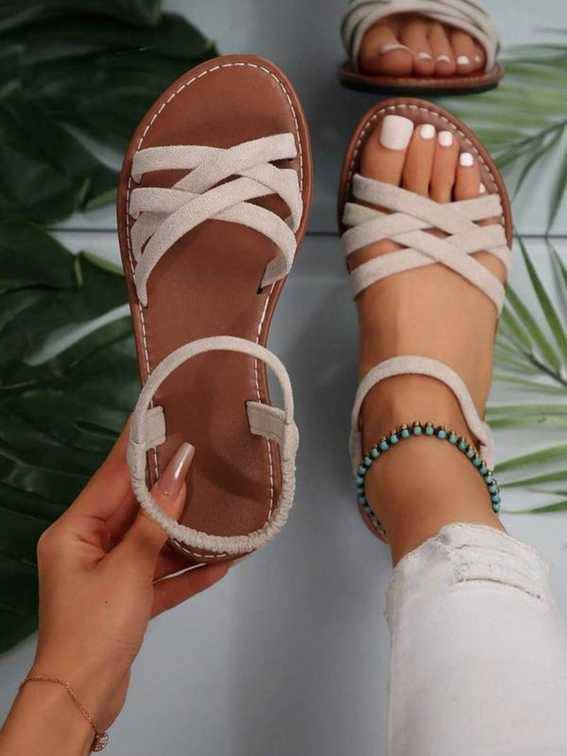 Women'S Fashionable Criss Cross Strap Design Sandals, Casual Open Toe Flat Sandals for Beach, Non-Slip Sandals for Daily Wear