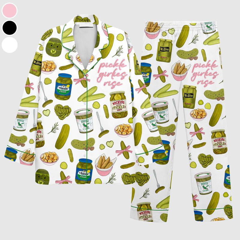 Pickles Print Satin Pajamas Set Printed Comfortable Satin Pajamas & Loungewear Pjs Short Sleeve Top & Shorts with Pockets, Gift for Pickles Lover, Gift for Mom