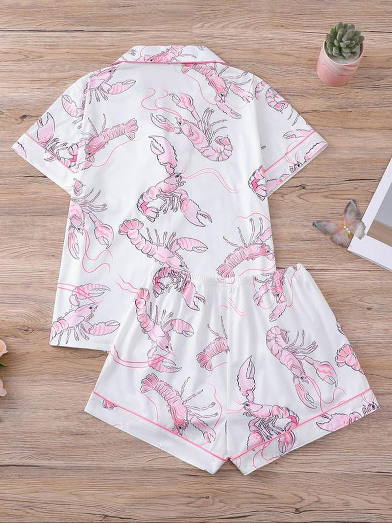Women'S Cartoon Turtle & Lobster Print Crop Top & Elastic Waist Shorts Pajama, Casual Comfy Short Sleeve Top & Shorts PJ Set, Ladies Summer Sleepwear