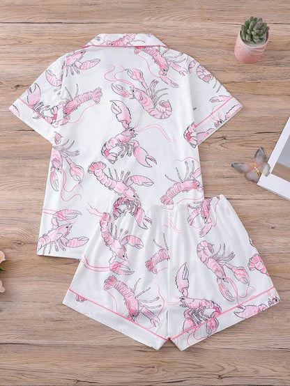 Women'S Cartoon Turtle & Lobster Print Crop Top & Elastic Waist Shorts Pajama, Casual Comfy Short Sleeve Top & Shorts PJ Set, Ladies Summer Sleepwear