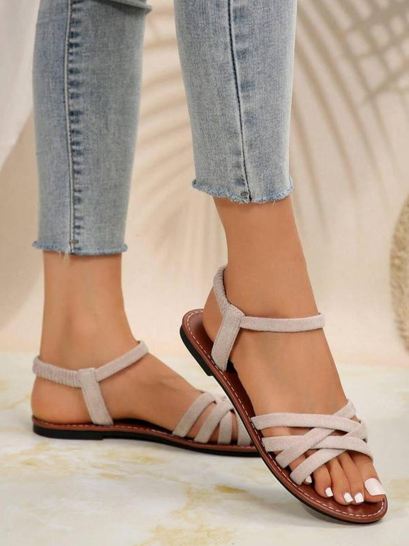 Women'S Fashionable Criss Cross Strap Design Sandals, Casual Open Toe Flat Sandals for Beach, Non-Slip Sandals for Daily Wear