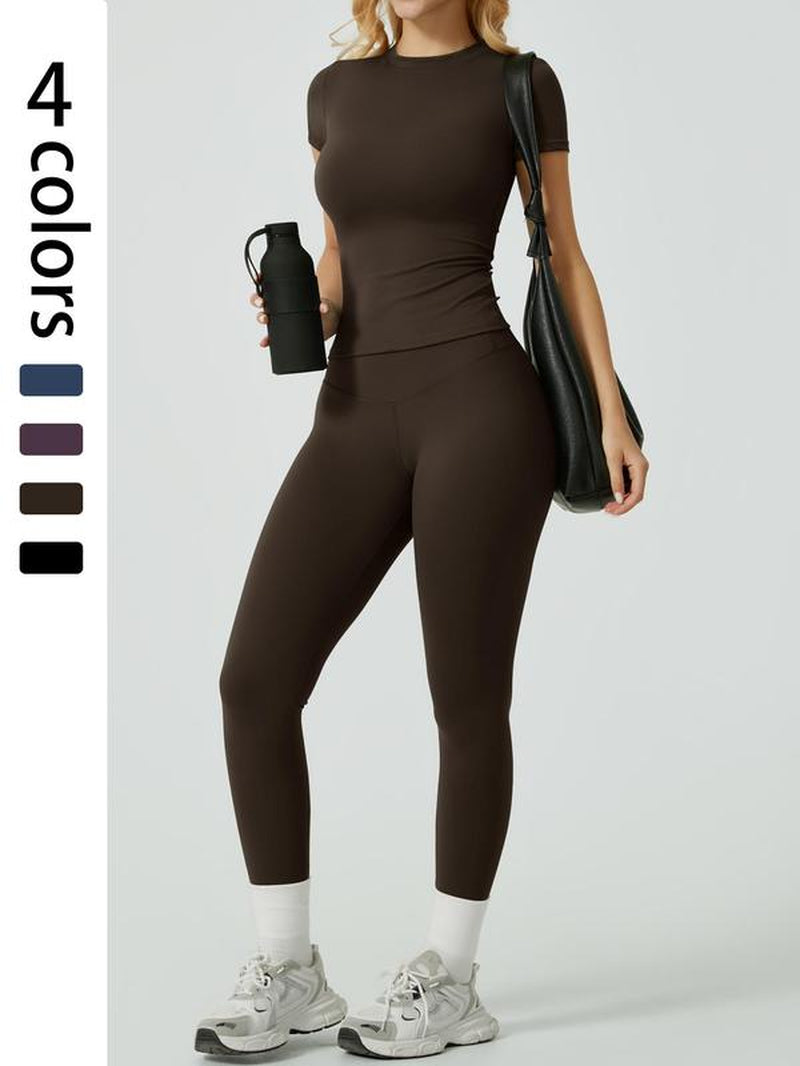 Two-Piece Set Women'S Solid Ribbed Long Sleeve Tee & Leggings Sport Set, Casual Breathable Quick Drying T-Shirt & Skinny Pants Set for Yoga Gym Workout Running, Ladies Sportswear for All Seasons