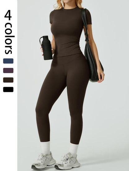 Two-Piece Set Women'S Solid Ribbed Long Sleeve Tee & Leggings Sport Set, Casual Breathable Quick Drying T-Shirt & Skinny Pants Set for Yoga Gym Workout Running, Ladies Sportswear for All Seasons