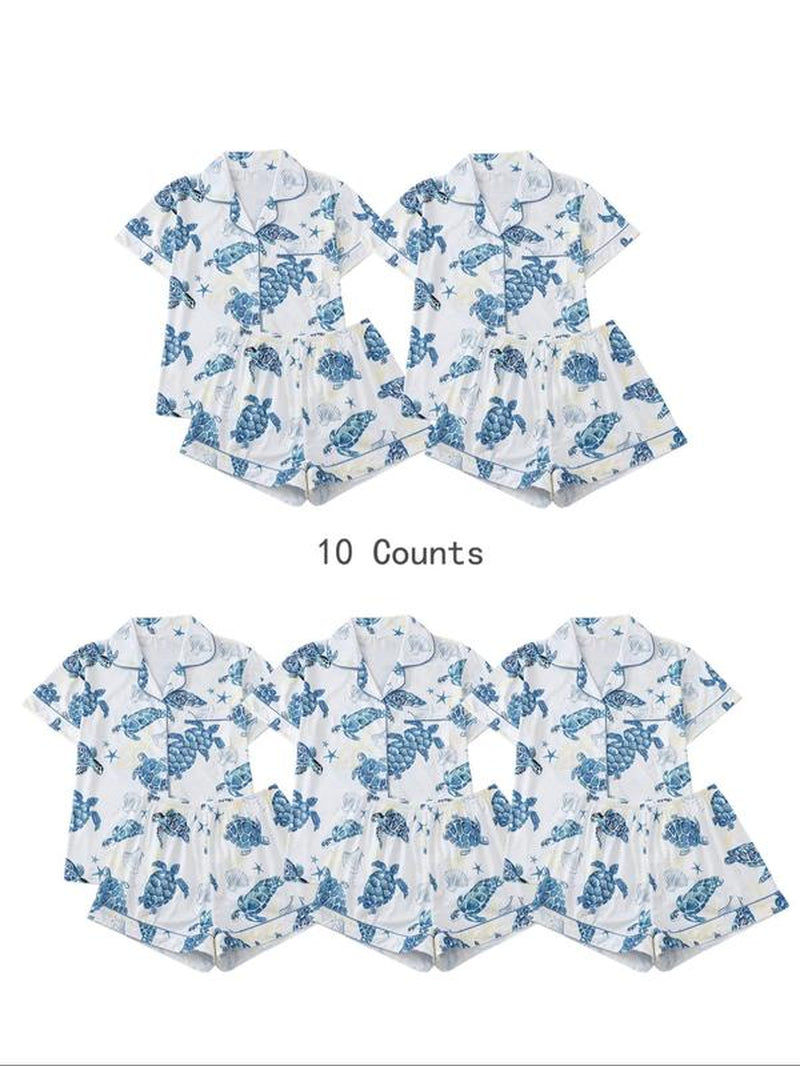 Women'S Cartoon Turtle & Lobster Print Crop Top & Elastic Waist Shorts Pajama, Casual Comfy Short Sleeve Top & Shorts PJ Set, Ladies Summer Sleepwear