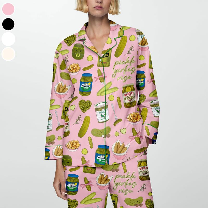 Pickles Print Satin Pajamas Set Printed Comfortable Satin Pajamas & Loungewear Pjs Short Sleeve Top & Shorts with Pockets, Gift for Pickles Lover, Gift for Mom