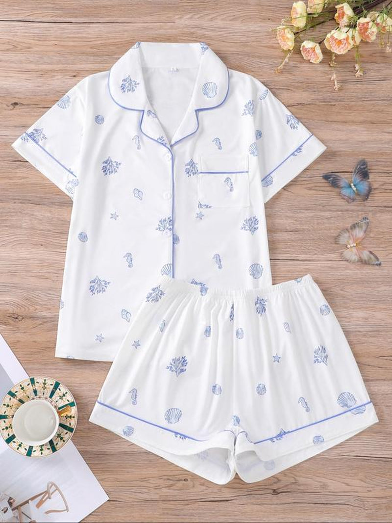 Women'S Cartoon Turtle & Lobster Print Crop Top & Elastic Waist Shorts Pajama, Casual Comfy Short Sleeve Top & Shorts PJ Set, Ladies Summer Sleepwear