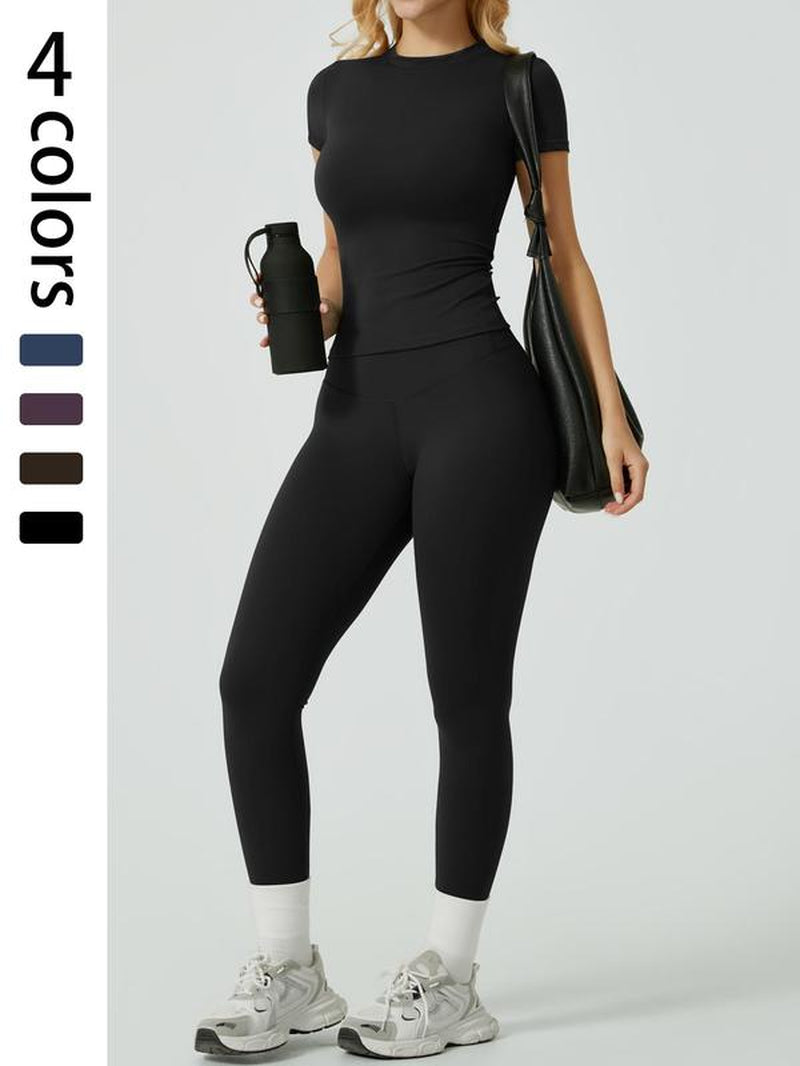 Two-Piece Set Women'S Solid Ribbed Long Sleeve Tee & Leggings Sport Set, Casual Breathable Quick Drying T-Shirt & Skinny Pants Set for Yoga Gym Workout Running, Ladies Sportswear for All Seasons