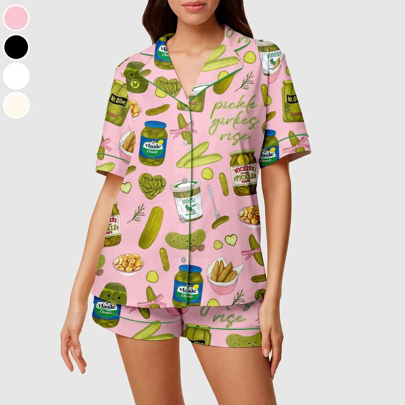 Pickles Print Satin Pajamas Set Printed Comfortable Satin Pajamas & Loungewear Pjs Short Sleeve Top & Shorts with Pockets, Gift for Pickles Lover, Gift for Mom