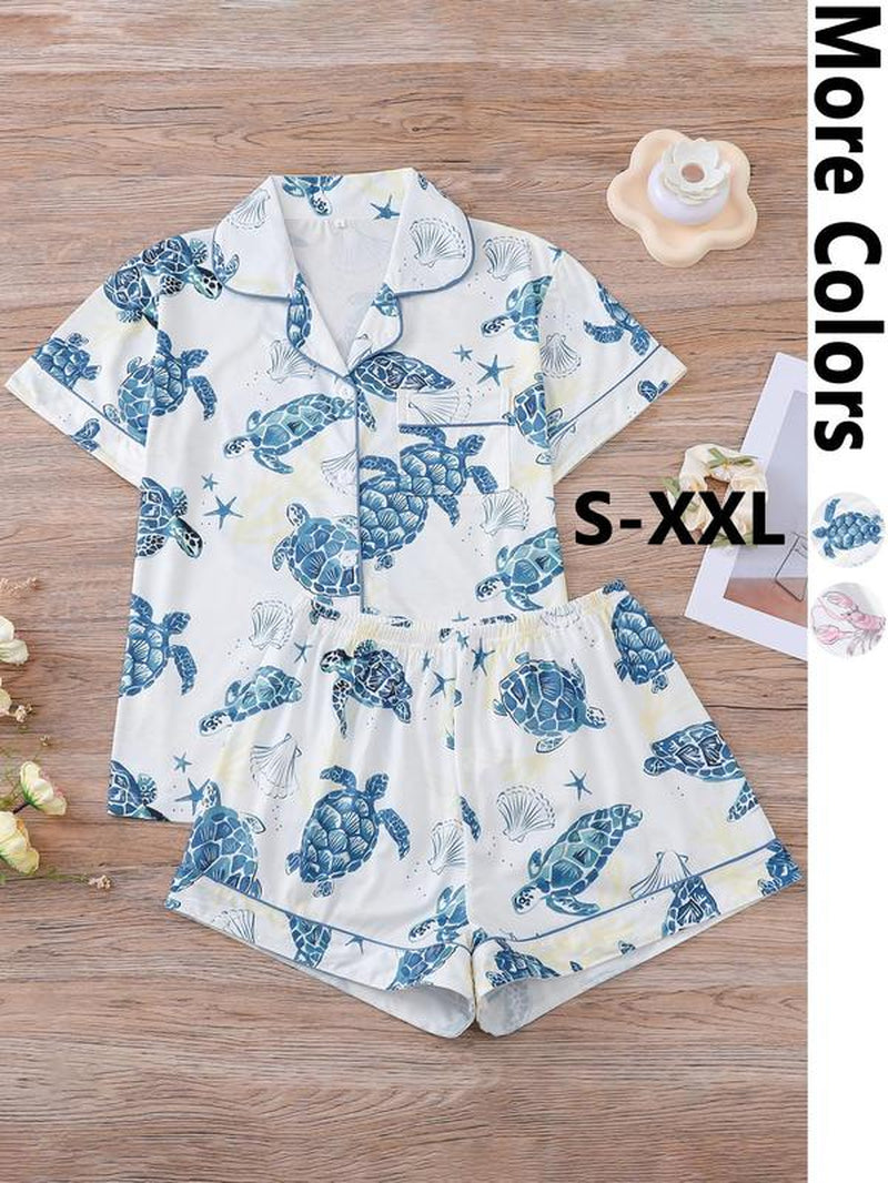 Women'S Cartoon Turtle & Lobster Print Crop Top & Elastic Waist Shorts Pajama, Casual Comfy Short Sleeve Top & Shorts PJ Set, Ladies Summer Sleepwear