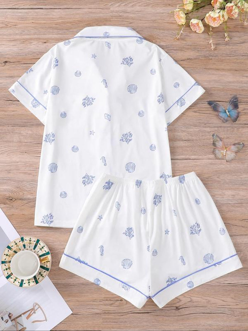 Women'S Cartoon Turtle & Lobster Print Crop Top & Elastic Waist Shorts Pajama, Casual Comfy Short Sleeve Top & Shorts PJ Set, Ladies Summer Sleepwear