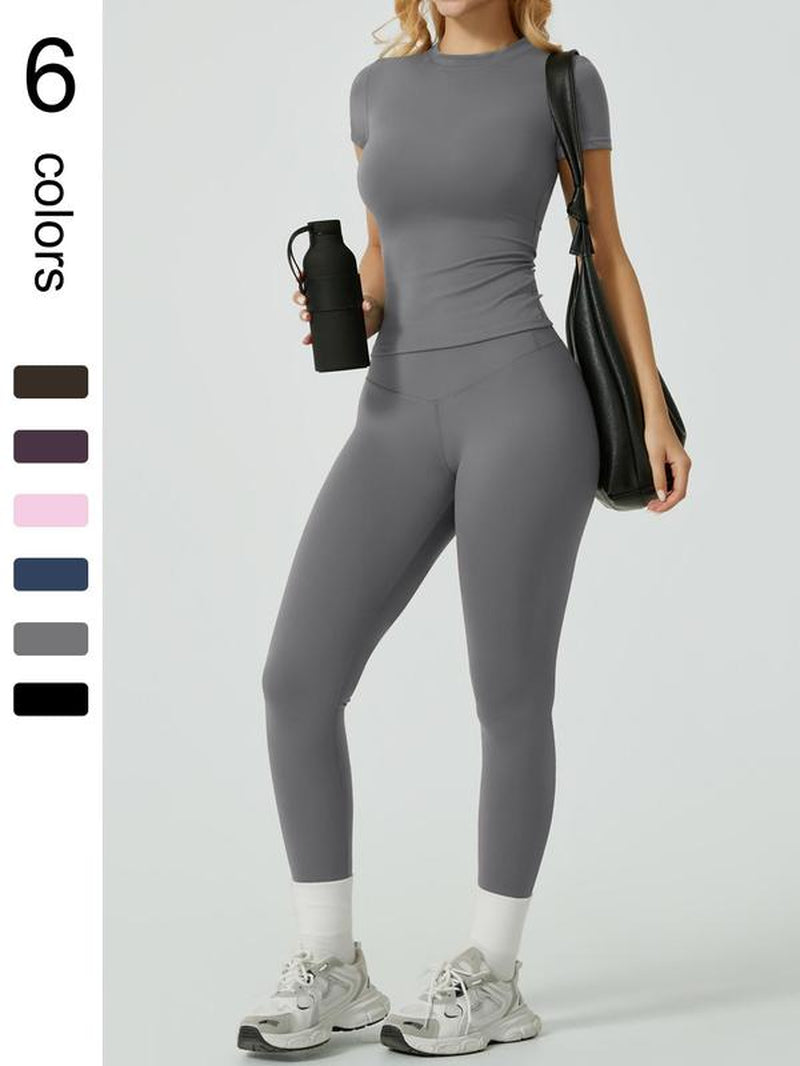 Two-Piece Set Women'S Solid Ribbed Long Sleeve Tee & Leggings Sport Set, Casual Breathable Quick Drying T-Shirt & Skinny Pants Set for Yoga Gym Workout Running, Ladies Sportswear for All Seasons