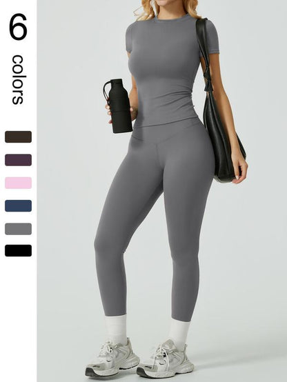 Two-Piece Set Women'S Solid Ribbed Long Sleeve Tee & Leggings Sport Set, Casual Breathable Quick Drying T-Shirt & Skinny Pants Set for Yoga Gym Workout Running, Ladies Sportswear for All Seasons