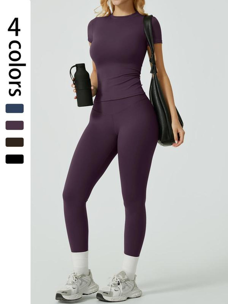 Two-Piece Set Women'S Solid Ribbed Long Sleeve Tee & Leggings Sport Set, Casual Breathable Quick Drying T-Shirt & Skinny Pants Set for Yoga Gym Workout Running, Ladies Sportswear for All Seasons