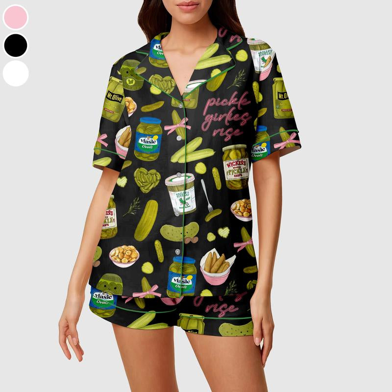 Pickles Print Satin Pajamas Set Printed Comfortable Satin Pajamas & Loungewear Pjs Short Sleeve Top & Shorts with Pockets, Gift for Pickles Lover, Gift for Mom