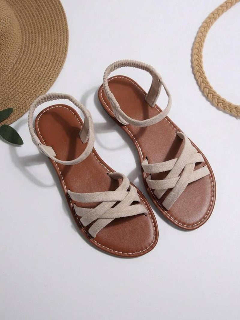 Women'S Fashionable Criss Cross Strap Design Sandals, Casual Open Toe Flat Sandals for Beach, Non-Slip Sandals for Daily Wear