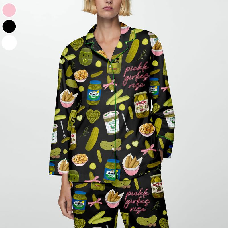 Pickles Print Satin Pajamas Set Printed Comfortable Satin Pajamas & Loungewear Pjs Short Sleeve Top & Shorts with Pockets, Gift for Pickles Lover, Gift for Mom