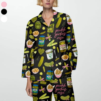 Pickles Print Satin Pajamas Set Printed Comfortable Satin Pajamas & Loungewear Pjs Short Sleeve Top & Shorts with Pockets, Gift for Pickles Lover, Gift for Mom