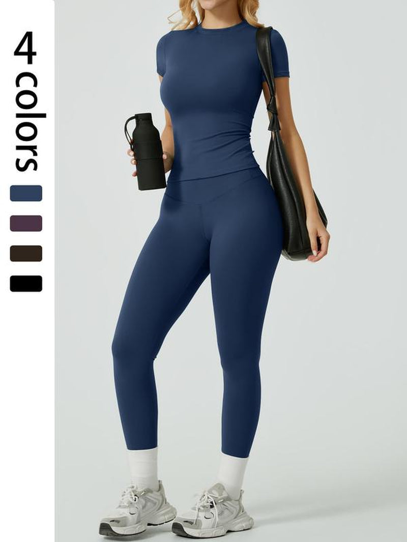 Two-Piece Set Women'S Solid Ribbed Long Sleeve Tee & Leggings Sport Set, Casual Breathable Quick Drying T-Shirt & Skinny Pants Set for Yoga Gym Workout Running, Ladies Sportswear for All Seasons