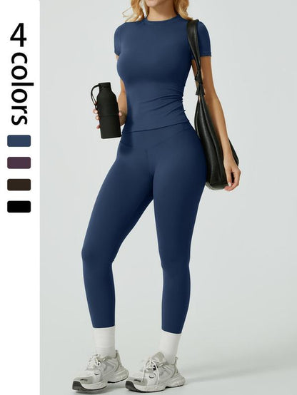 Two-Piece Set Women'S Solid Ribbed Long Sleeve Tee & Leggings Sport Set, Casual Breathable Quick Drying T-Shirt & Skinny Pants Set for Yoga Gym Workout Running, Ladies Sportswear for All Seasons