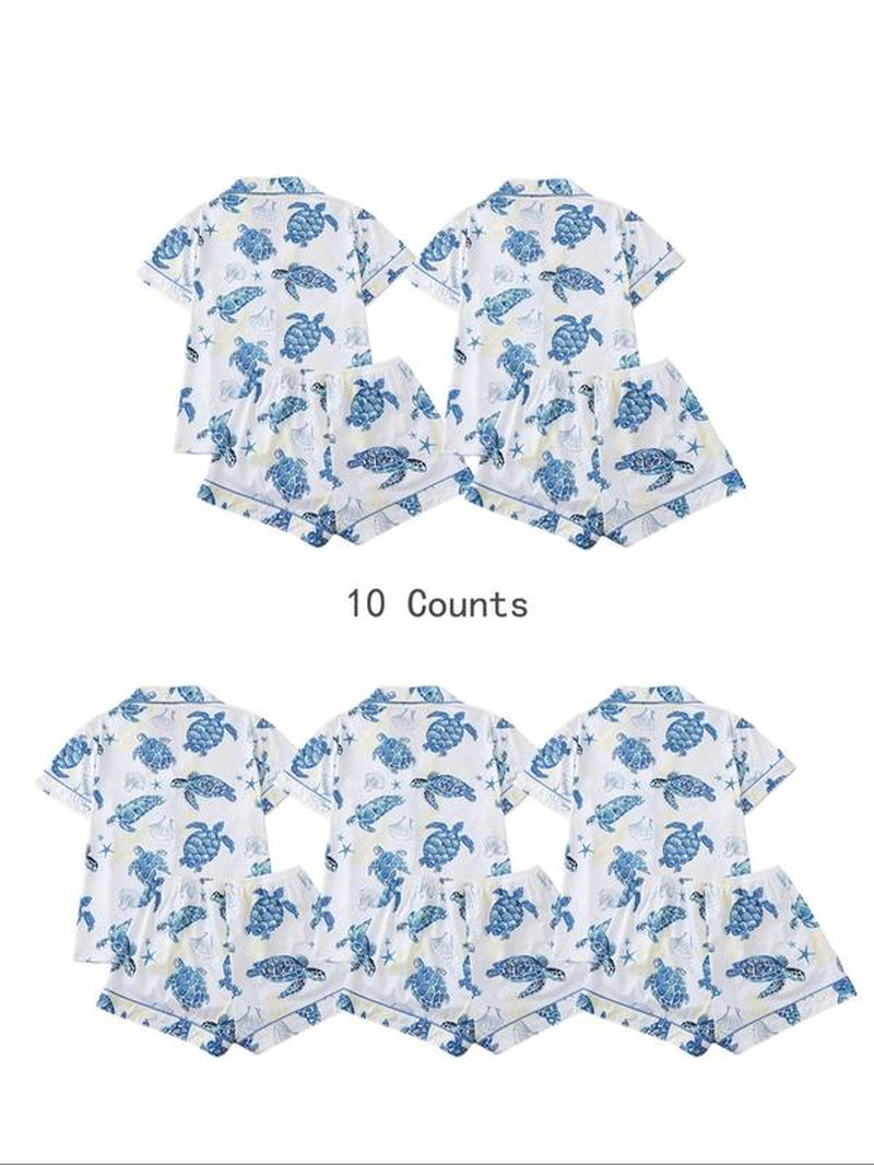 Women'S Cartoon Turtle & Lobster Print Crop Top & Elastic Waist Shorts Pajama, Casual Comfy Short Sleeve Top & Shorts PJ Set, Ladies Summer Sleepwear