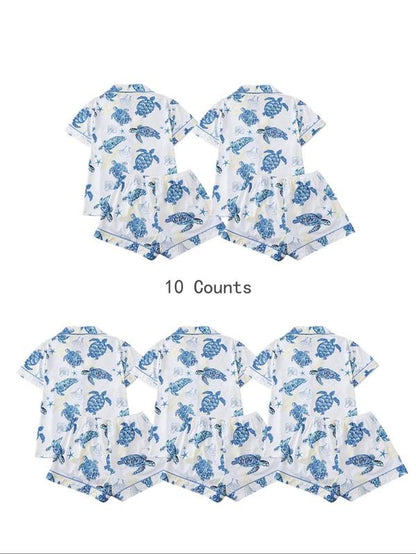 Women'S Cartoon Turtle & Lobster Print Crop Top & Elastic Waist Shorts Pajama, Casual Comfy Short Sleeve Top & Shorts PJ Set, Ladies Summer Sleepwear