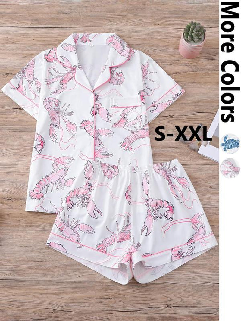 Women'S Cartoon Turtle & Lobster Print Crop Top & Elastic Waist Shorts Pajama, Casual Comfy Short Sleeve Top & Shorts PJ Set, Ladies Summer Sleepwear