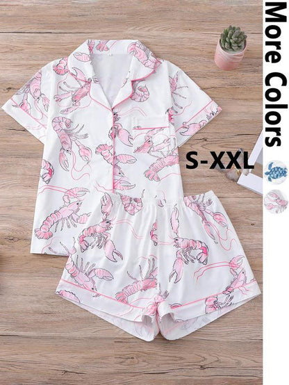 Women'S Cartoon Turtle & Lobster Print Crop Top & Elastic Waist Shorts Pajama, Casual Comfy Short Sleeve Top & Shorts PJ Set, Ladies Summer Sleepwear