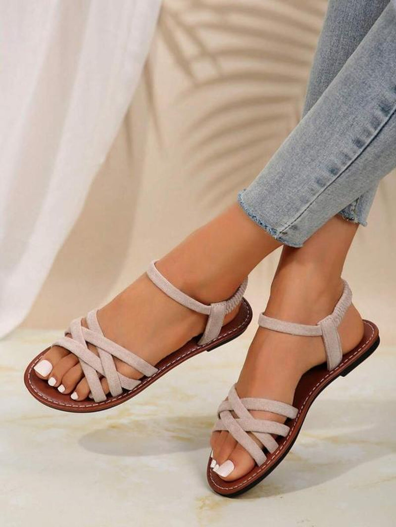 Women'S Fashionable Criss Cross Strap Design Sandals, Casual Open Toe Flat Sandals for Beach, Non-Slip Sandals for Daily Wear