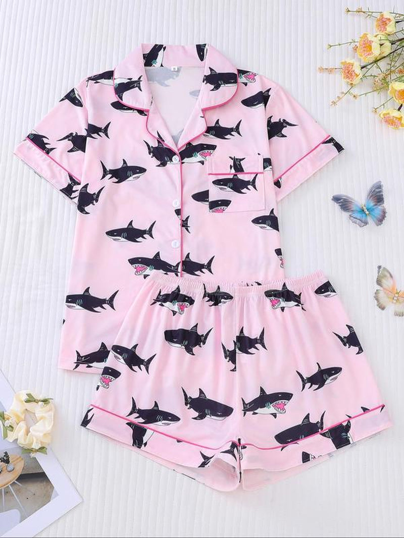 Women'S Cartoon Turtle & Lobster Print Crop Top & Elastic Waist Shorts Pajama, Casual Comfy Short Sleeve Top & Shorts PJ Set, Ladies Summer Sleepwear