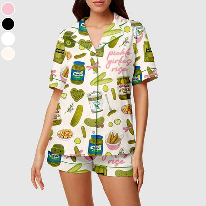 Pickles Print Satin Pajamas Set Printed Comfortable Satin Pajamas & Loungewear Pjs Short Sleeve Top & Shorts with Pockets, Gift for Pickles Lover, Gift for Mom