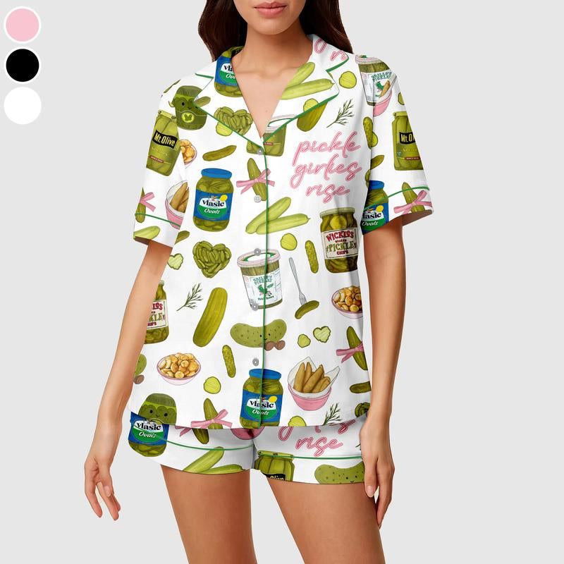 Pickles Print Satin Pajamas Set Printed Comfortable Satin Pajamas & Loungewear Pjs Short Sleeve Top & Shorts with Pockets, Gift for Pickles Lover, Gift for Mom
